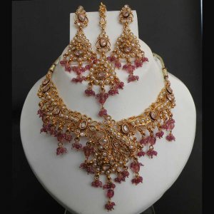 4pc PREMIUM INDIAN POLKI GOLD FINISH PINK CZ BRIDAL JEWELRY NECKLACE SET fn6