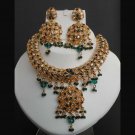 3pc PREMIUM INDIAN POLKI GOLD FINISH CZ BEADS BRIDAL JEWELRY NECKLACE SET fn5