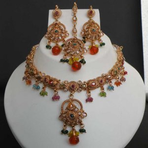 PREMIUM INDIAN POLKI GOLD FINISH STIMULATED CZ BRIDAL JEWELRY NECKLACE SET fN12