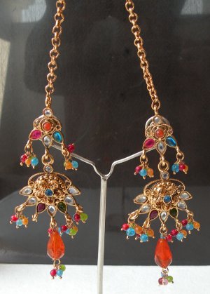 BOLLYWOOD INDIA PREMIUM JEWELRY SIMULATED CZ POLKI LONG JHUMKI EARRING PAIR F202