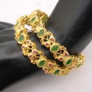 BEAUTIFUL GENUINE INDIAN GOLD TONE EMERALD RUBY 2PC BANGLES BRACELET 2.6 VB518