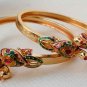 INDIAN POLKI DESIGNER GOLD FINISH PEACOCK HINGED BANGLE KADA BRACELET PAIR AC87