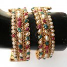 2Pc INDIAN DESIGNER GOLD FINISH PEARL RUBY EMERALD BANGLE BRACELET 2.8 DJ153
