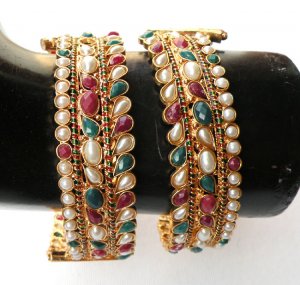 2Pc INDIAN DESIGNER GOLD FINISH PEARL RUBY EMERALD BANGLE BRACELET 2.8 DJ153