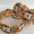 2Pc INDIAN DESIGNER GOLD TONE PEARL RUBY EMERALD POLKI BANGLE BRACELET 2.6 DX5