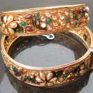 2Pc INDIAN GOLD FINISH PEARL RUBY EMERALD POLKI JEWELRY BANGLE BRACELET 2.8 DG21