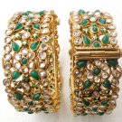 2Pc INDIAN GOLD FINISH EMERALD CZ ENAMEL POLKI BRIDAL BANGLES BRACELET 2.4 PR87