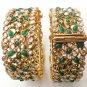 2Pc INDIAN GOLD FINISH EMERALD CZ ENAMEL POLKI BRIDAL BANGLES BRACELET 2.4 PR87