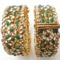 2Pc INDIAN GOLD FINISH EMERALD CZ ENAMEL POLKI BRIDAL BANGLES BRACELET 2.4 PR87