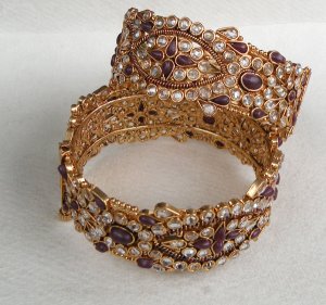 2Pc INDIAN GOLD FINISH RUBY CZ POLKI JEWELRY BRIDAL BANGLES BRACELET 2.8 DX6