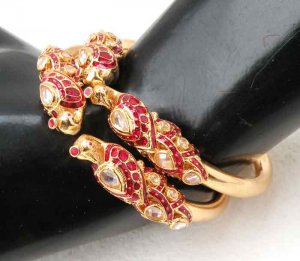 INDIAN POLKI DESIGNER GOLD FINISH PEACOCK HINGED BANGLE KADA BRACELET PAIR 184X