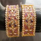 2Pc INDIAN GOLD FINISH CZ PURPLE GEMSTONE POLKI JEWELRY BANGLE BRACELET 2.8 F131