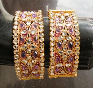 2Pc INDIAN GOLD FINISH CZ PURPLE GEMSTONE POLKI JEWELRY BANGLE BRACELET 2.8 F131