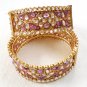 2Pc INDIAN GOLD FINISH CZ PURPLE GEMSTONE POLKI JEWELRY BANGLE BRACELET 2.8 F131