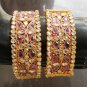 2Pc INDIAN GOLD FINISH CZ PURPLE GEMSTONE POLKI JEWELRY BANGLE BRACELET 2.8 F131