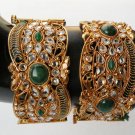 GENUINE INDIAN POLKI GOLD FINISH CZ EMERALD 2PC WIDE BANGLES BRACELET 2.4 DJ159