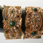 GENUINE INDIAN POLKI GOLD FINISH CZ EMERALD 2PC WIDE BANGLES BRACELET 2.4 DJ159