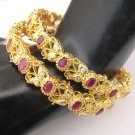 VERY BEAUTIFUL GENUINE INDIAN GOLD TONE CZ RUBY 2PC BANGLES BRACELET 2.8 VB519