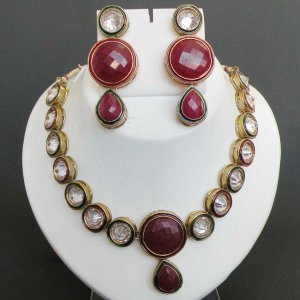 AWESOME! 3 PC GOLD TONE JAIPURI DIAMOND CUT RUBY AD VICTORIAN NECKLACE SET 101