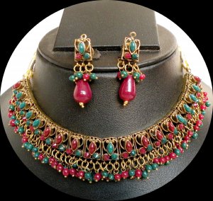 PREMIUM JEWELLERY Ruby Emerald Look Polki Designer Necklace & EarRing Indian  P1