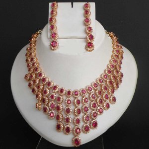GOLD PL INDIAN JAIPUR NAVRATAN DESIGNER BRIDAL JEWELRY RUBY  NECKLACE SET