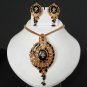 INDIAN POLKI JEWELRY GOLDPLATED KUNDAN BLACK ENAMEL PENDANT NECKLACE SET NS164