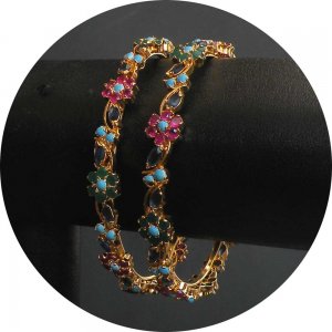 NAVRATAN MULTI GEM ERT EHS BANGLE PAIR Indian Bridal BOLLYWOOD FASHION 2.4 RE129