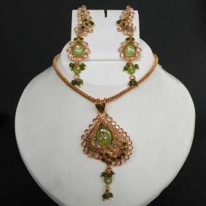 3Pc BOLLYWOOD LOOK POLKI JEWELRY GOLDPLATED CZ KUNDAN PENDANT NECKLACE SET NS175