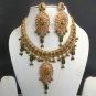 GOLDEN POLKI PERIDOT GREEEN JEWELRY INDIAN BRIDAL COSTUME SAREE NECKLACE A112