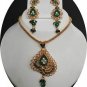 3Pc UNIQUE INDIAN POLKI JEWELRY EMERALD CZ KUNDAN PENDANT NECKLACE SET NS174