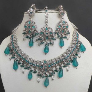 4Pc PREMIUM POLKI TEAL GREEEN JEWELRY INDIAN BRIDAL COSTUME SAREE NECKLACE A115
