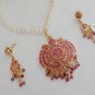 PREMIUM INDIAN JEWELRY SET GOLDTONE PEARL RUBY PENDANT NECKLACE EARRING 3PC RE26
