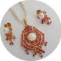 PREMIUM INDIAN JEWELRY SET GOLDTONE PEARL RUBY PENDANT NECKLACE EARRING 3PC RE10