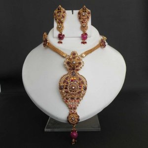 PREMIUM INDIAN POLKI JEWELRY RUBY ENAMLE MEENA BRIDAL PENDANT NECKLACE SET fp42