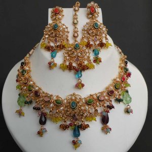 4pc PREMIUM INDIAN POLKI GOLDTONE MULTIGEMSTONE BRIDAL JEWELRY NECKLACE SET fn3