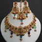 4pc PREMIUM INDIAN POLKI GOLDTONE MULTIGEMSTONE BRIDAL JEWELRY NECKLACE SET fn3