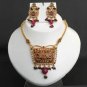 PREMIUM INDIAN POLKI JEWELRY GOLDTONE CZ RUBY GEMSTONE PENDANT NECKLACE SET fp34