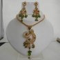 PREMIUM INDIAN POLKI JEWELRY GOLDTONE PERIDOT GREEN CZ PENDANT NECKLACE SET fp18