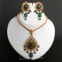 PREMIUM INDIAN POLKI JEWELRY GOLDTONE CZ EMERALD BRIDAL PENDANT NECKLACE SET H50