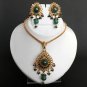 PREMIUM INDIAN POLKI JEWELRY GOLDTONE CZ EMERALD BRIDAL PENDANT NECKLACE SET H50