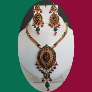 WEDDING Fashion Goldplated Ruby Emerald Polki Pendant jewelry Set ERT EHS fq73