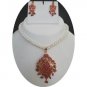 UNIQUE! INDIAN PREMIUM JEWELRY SET GOLDTONE PEARL RUBY NECKLACE EARRING 3PC RE15