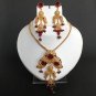 STUNNING POLKI JEWELRY SET RUBY RED GEMSTONE CZ LONG PENDANT NECKLACE 3PC H48