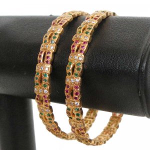RUBY EMERALD INDIAN JEWELLLERY BANGLE PAIR BOLLYWOOD TREND SIZE 2.8  JJ16