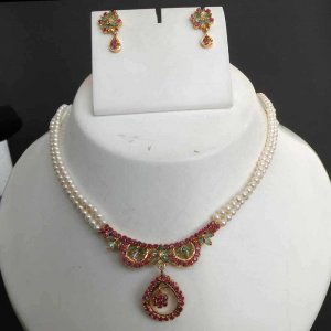 PREMIUM INDIAN JEWELRY SET WEDDING PEARL RUBY EMERALD NECKLACE EARRING 3PC RE41