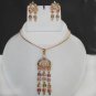 PREMIUM INDIAN JEWELRY SET GOLD FINISH CHAIN PENDANT NECKLACE EARRING 3PC RE32