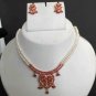 PREMIUM INDIAN BRIDAL JEWELRY SET GOLDTONE PEARL RUBY NECKLACE EARRING 3PC RE48