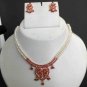 PREMIUM INDIAN BRIDAL JEWELRY SET GOLDTONE PEARL RUBY NECKLACE EARRING 3PC RE48