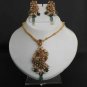 POLKI DESIGNER CHAIN PENDANT JEWELRY GOLDTONE EMERALD PEARL NECKLACE SET fp41