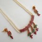 INDIAN JEWELRY SET GOLDTONE PEARL EMERALD RUBY PENDANT NECKLACE EARRING 3PC RE24